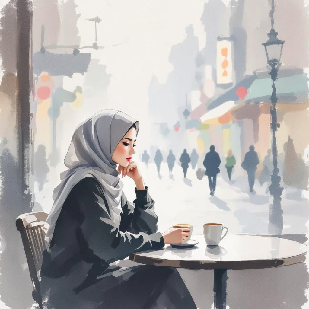 Serene Hijabi Woman in Minimalist Cafe Painting