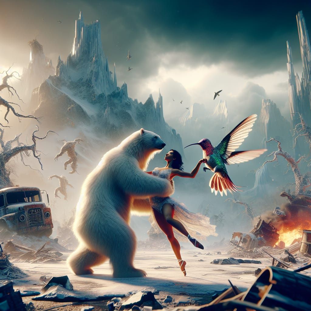 Polar Bear and Hummingbird Dance in Apocalyptic 3D Scene