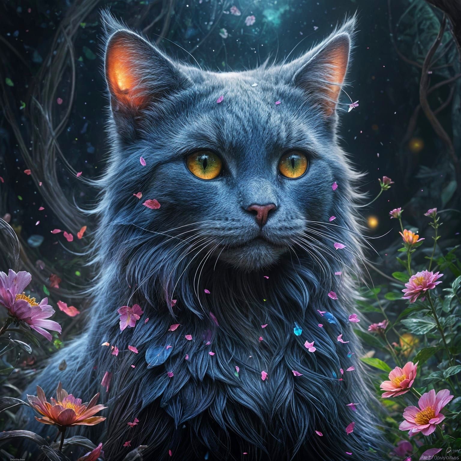 Ethereal Fairy Cat Made of Glowing Flower Petals