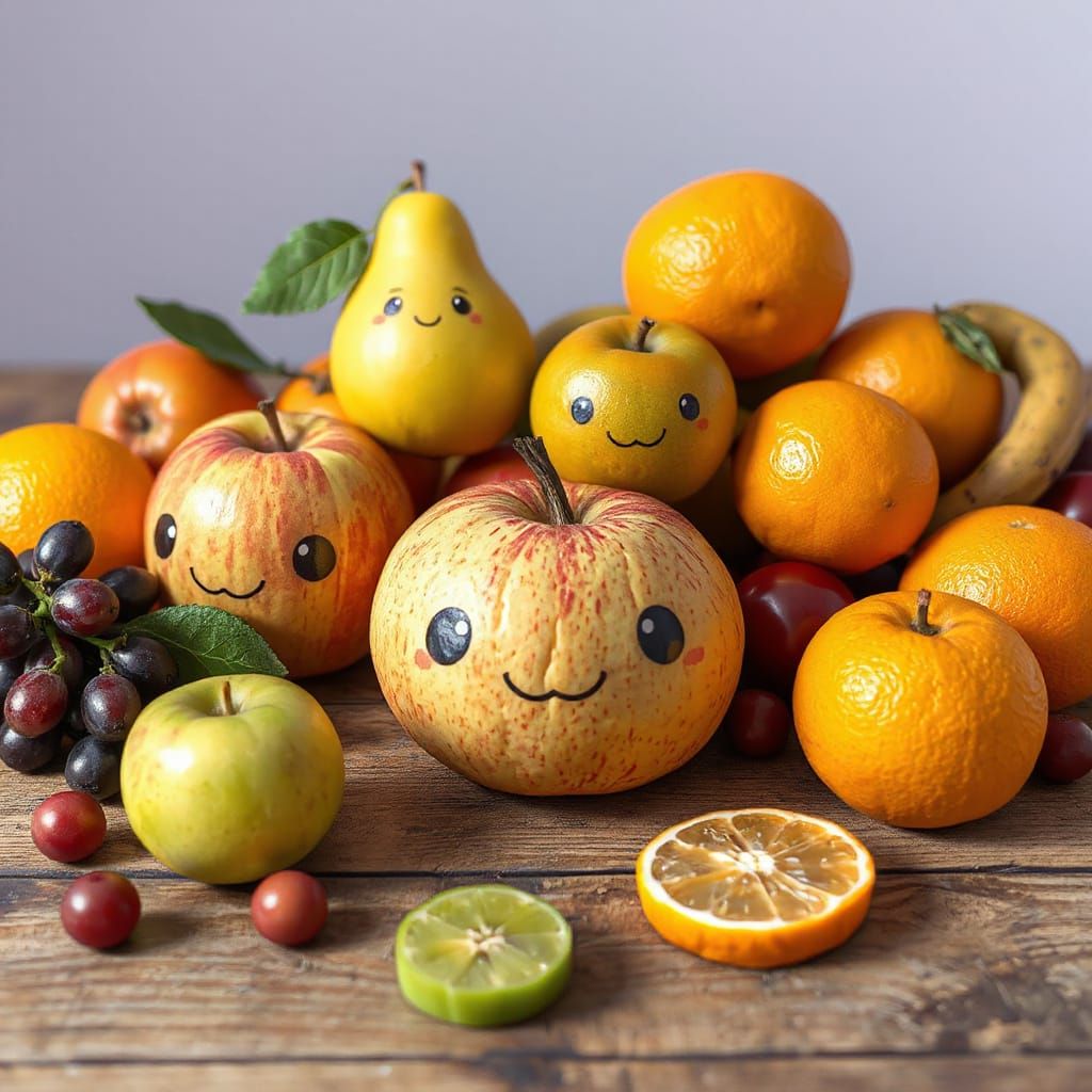 Playful Fruits Still Life in Whimsical Storybook Style