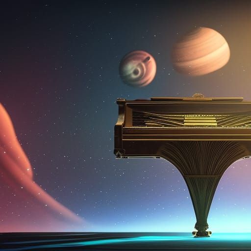Piano in Outer Space: Detailed Digital Art