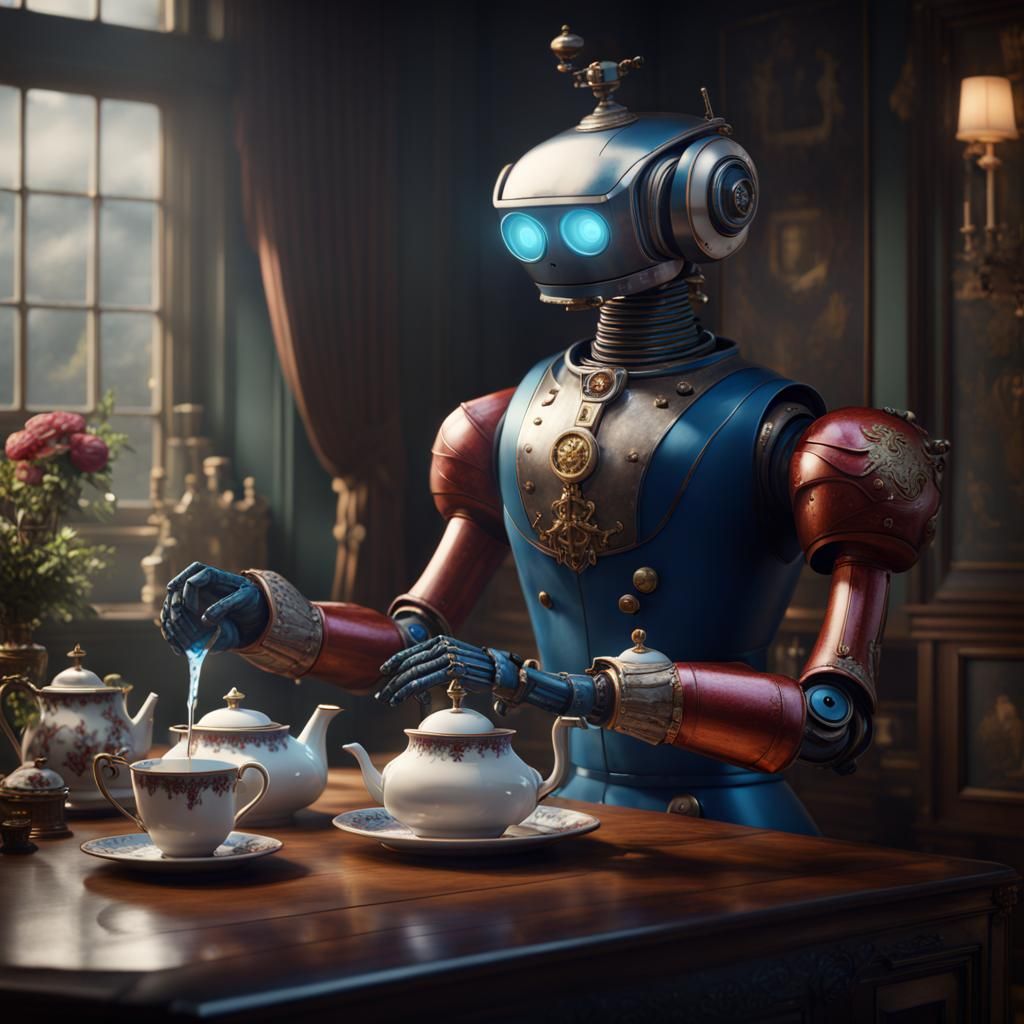 British Robot Butler Serving Tea: Detailed Matte Painting