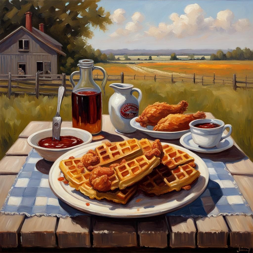 Chicken and Waffles in Countryside, Oil Painting