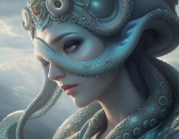Alien Girl with Octopus Headdress: Hyperrealistic Digital Ar...