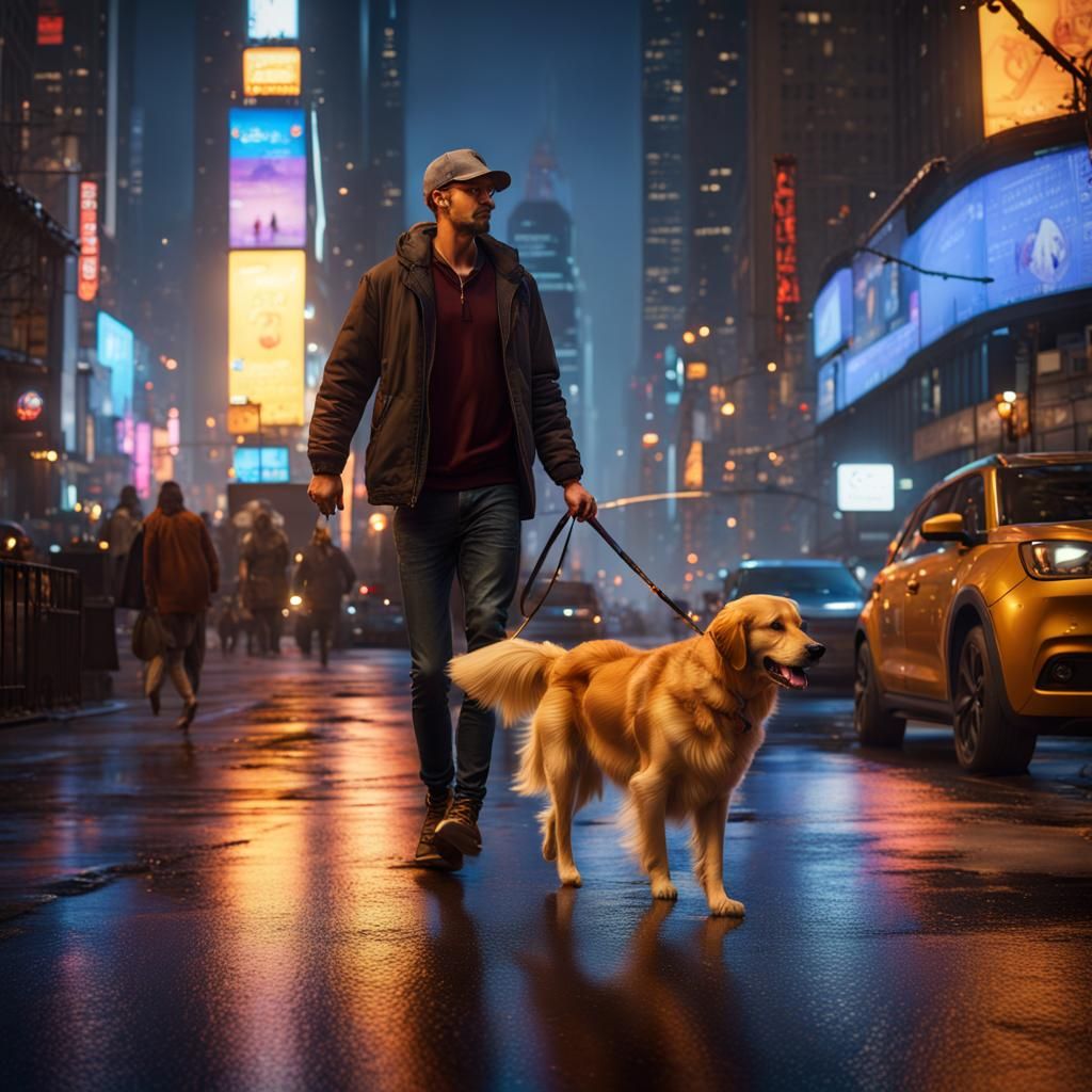 Golden Retriever Walk in New York: Digital Art