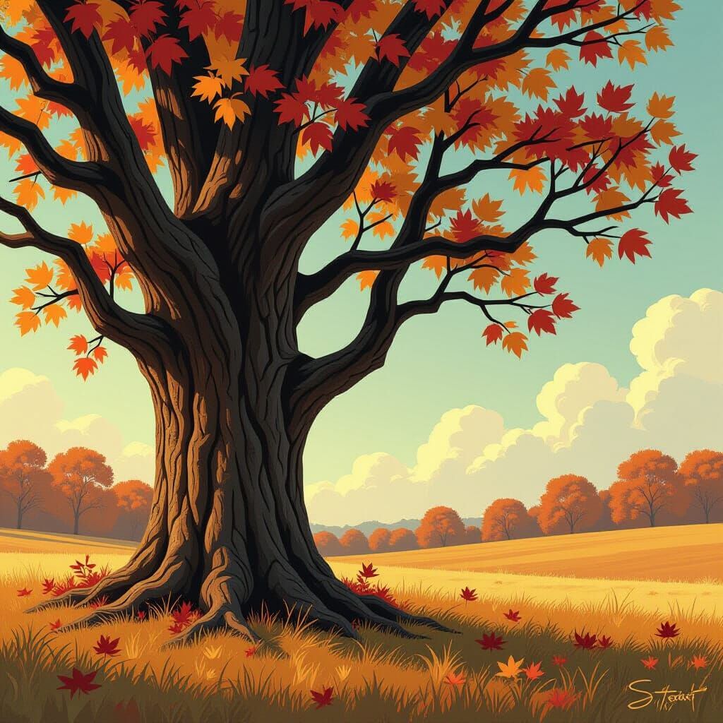 Sweet Hickory Tree in Earthy Digital Painting Style