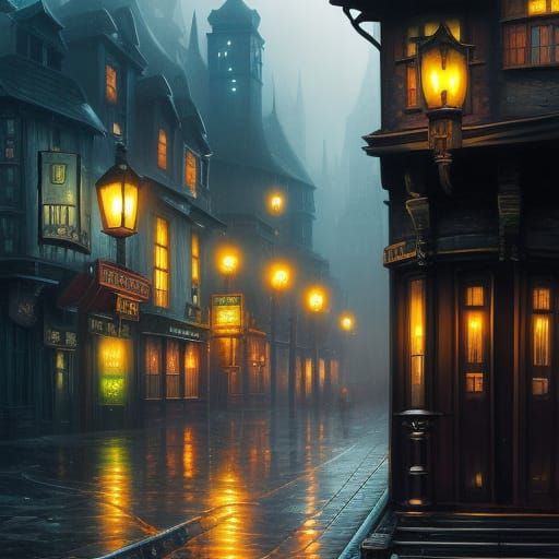 Rainy Medieval City in Cyberpunk Style