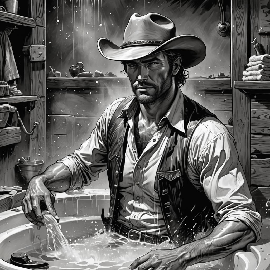 Sensual Cowboy Bathing in Old West: Comic Book Art