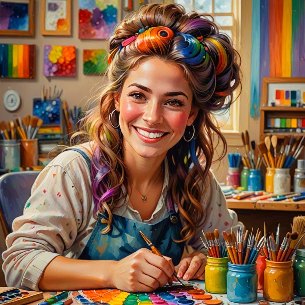 Whimsical Portrait of Smiling Woman at Crafting Desk