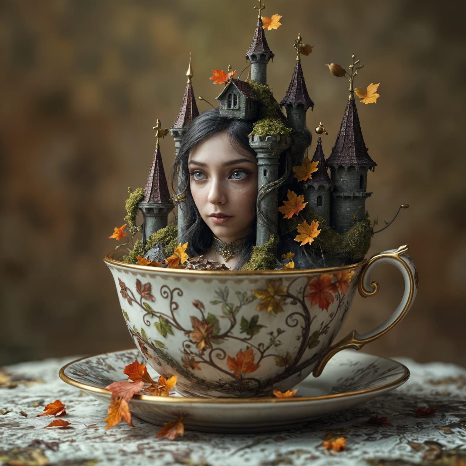 Autumn Castle in Teacup: Detailed Matte Painting