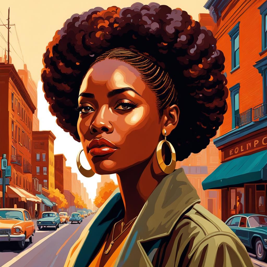 Beautiful African American Woman in City, Post-Impressionism