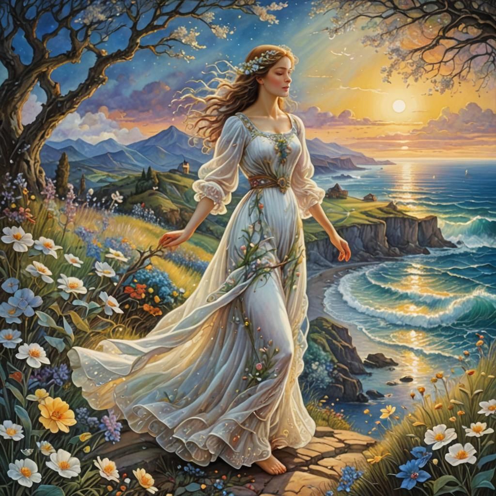 Woman in White Dress by Sea with Glowing Path