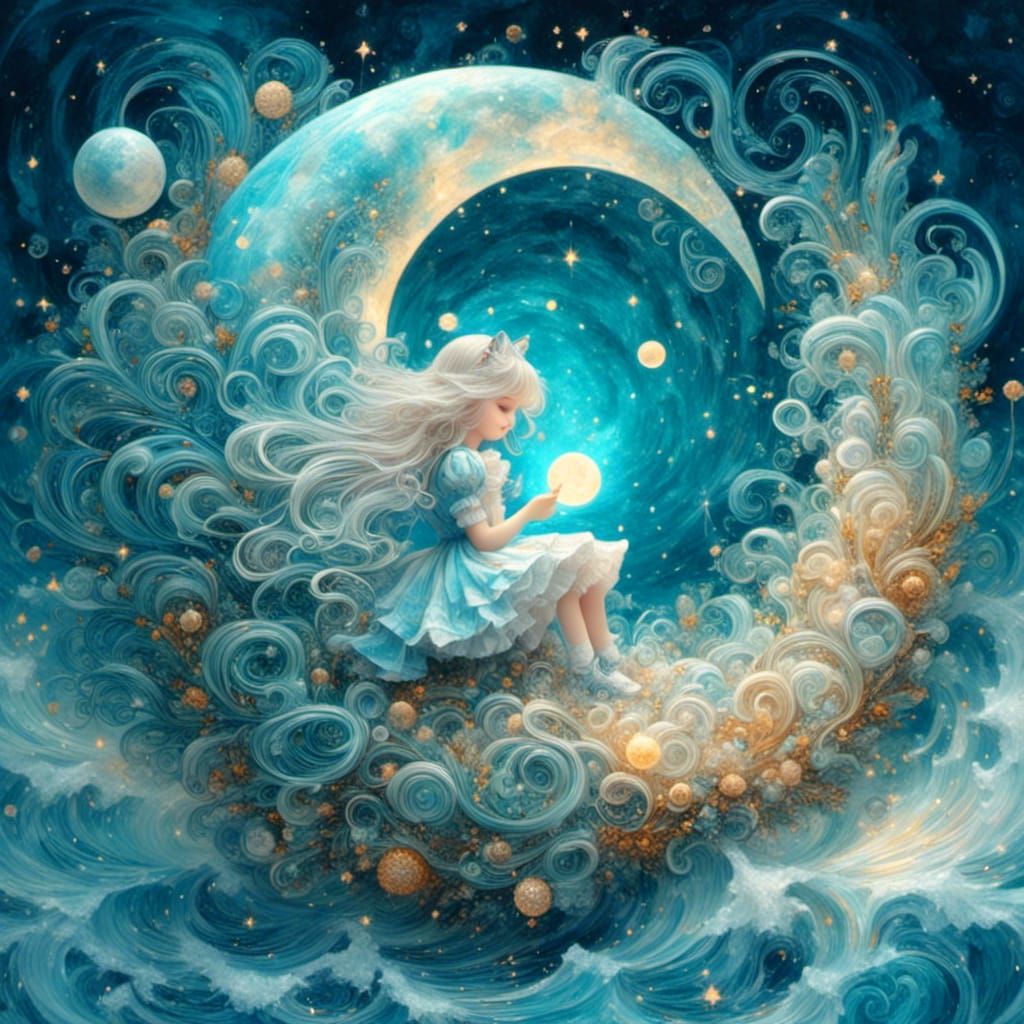 Alice in Wonderland Painting Moon on Nebula