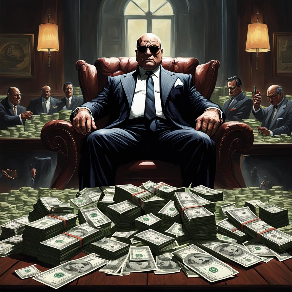 Elegant Female Mafia Boss Surrounded by Money