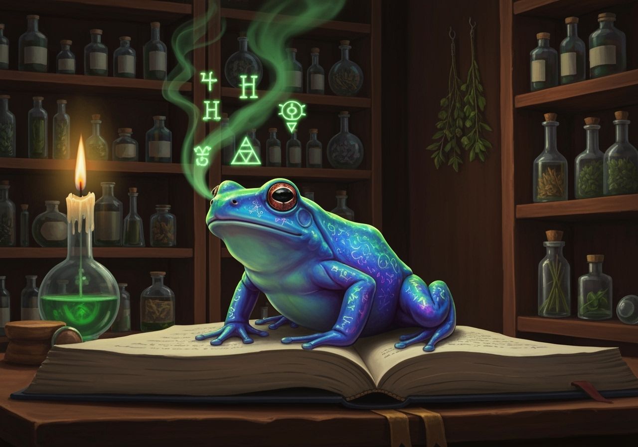 Magical Frog Familiar in Candlelit Apothecary