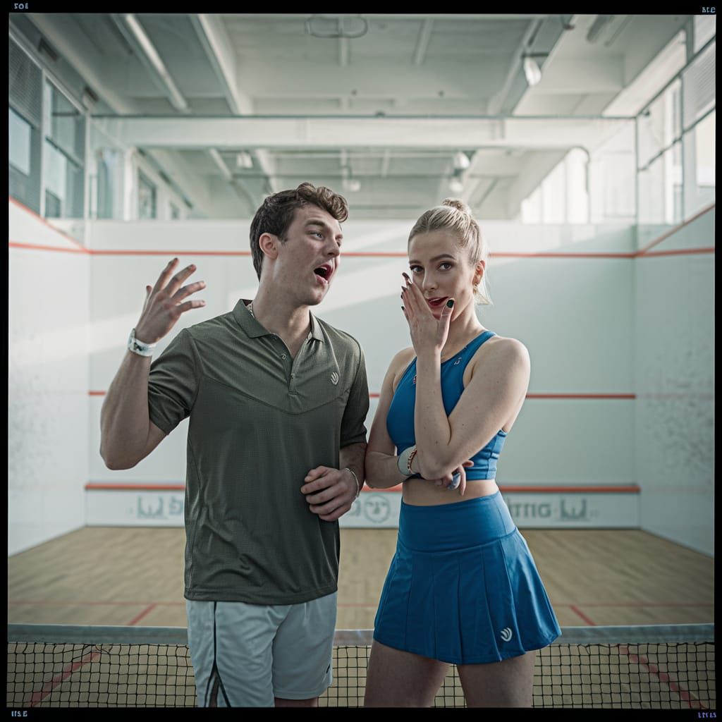 Stylish Couple on Squash Court in Cinematic Film Still