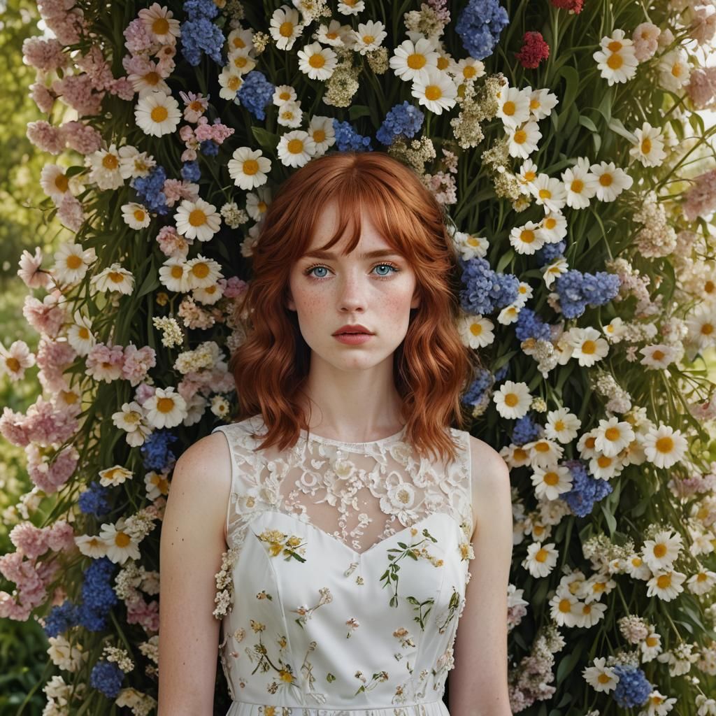 Red-Haired Woman in Floral Meadow, Professional Portrait