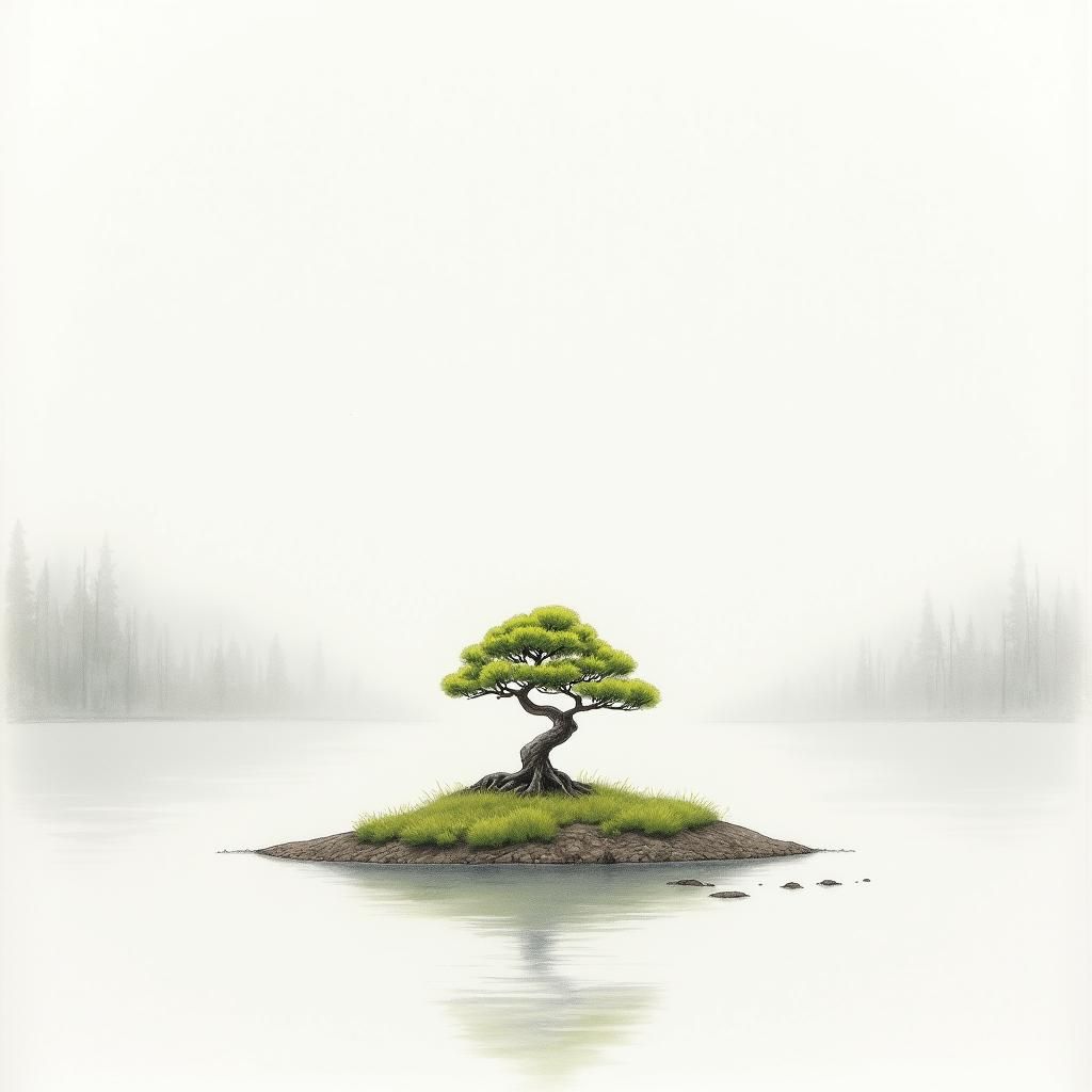 Minimalist Bonsai Island in Fog: Color Pencil Sketch