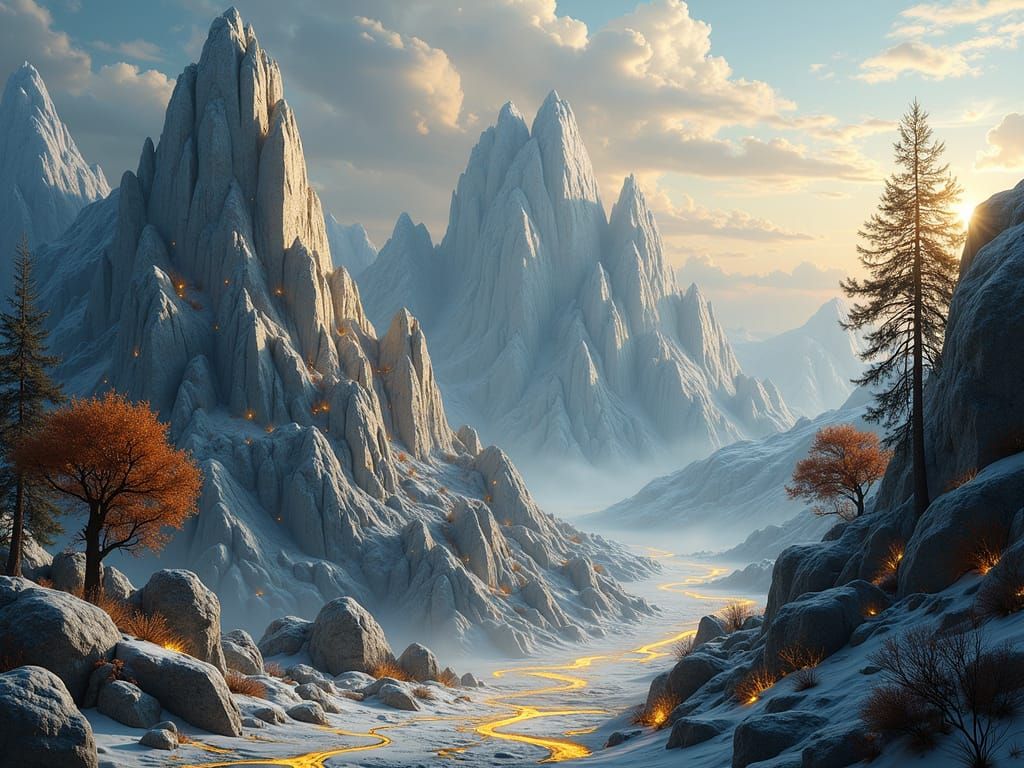 Marble Mountain with Golden Cracks: Ethereal Landscape