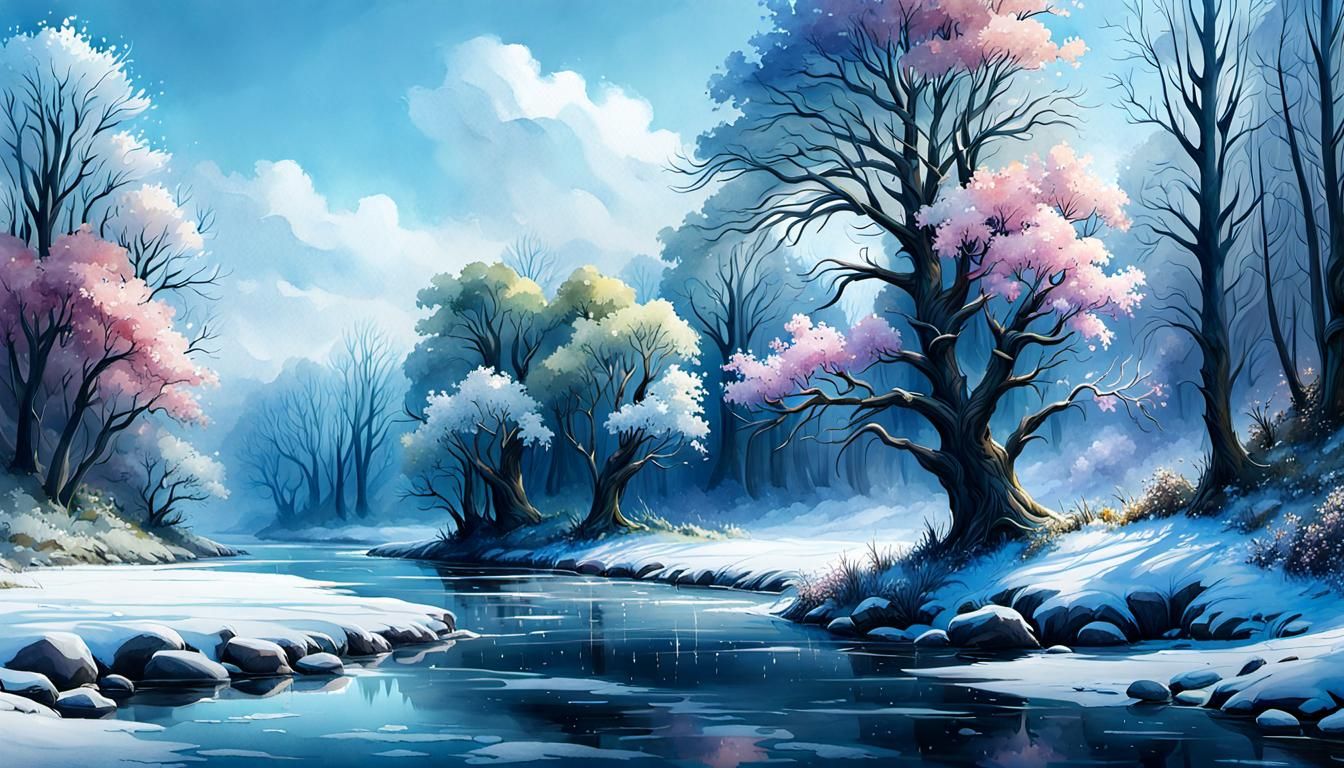 Frozen River in Dark Fantasy Watercolour Landscape