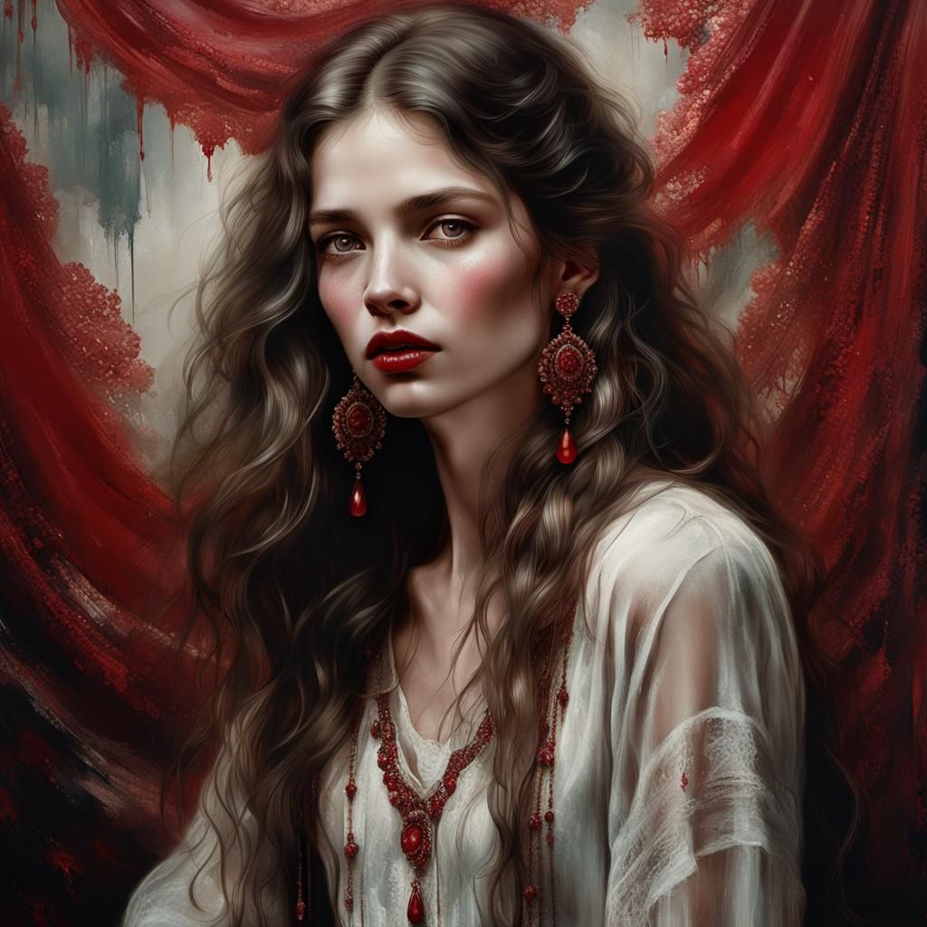 Bohemian Woman Portrait with Ruby Earrings