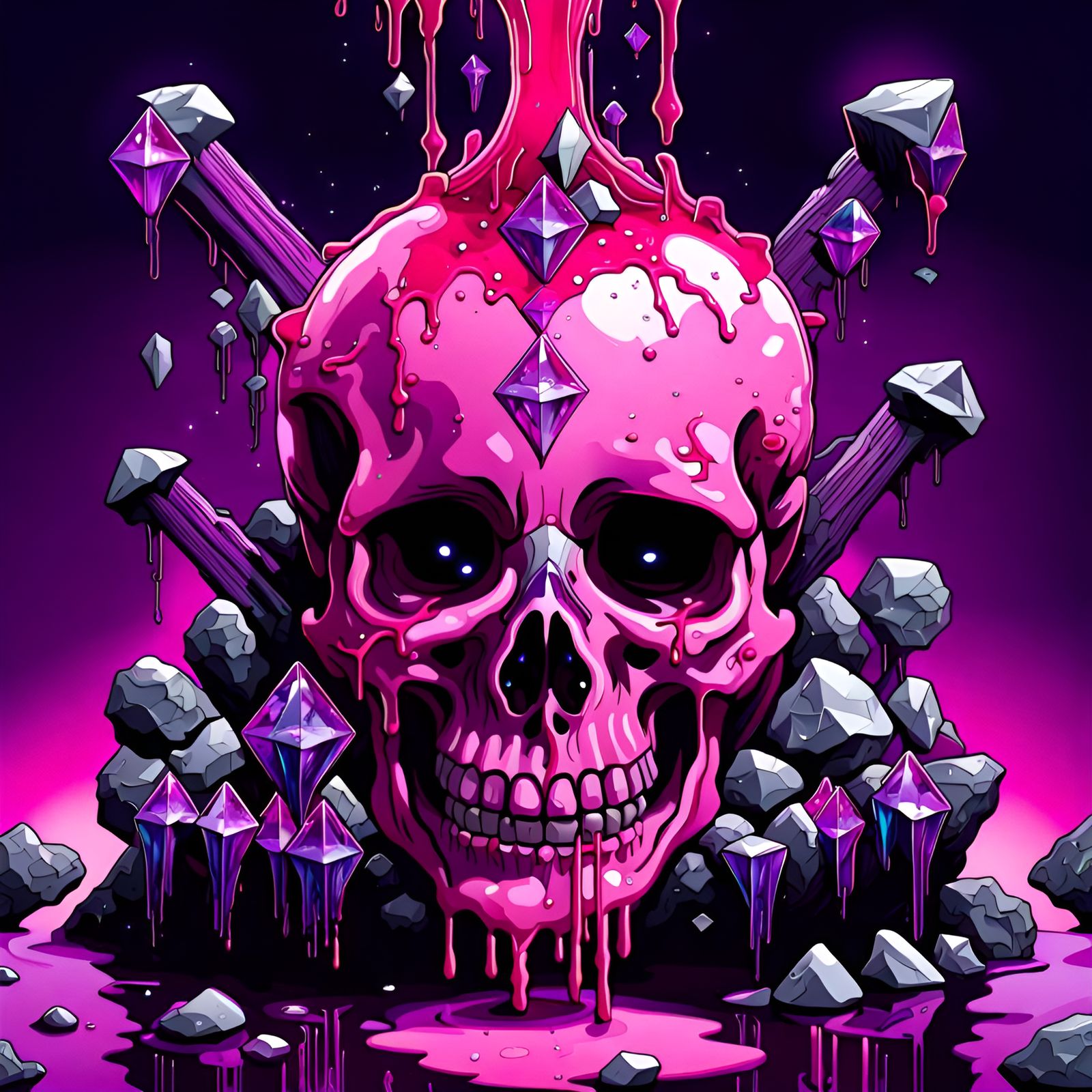 Neon Skull with Crystals and Glowing Runes