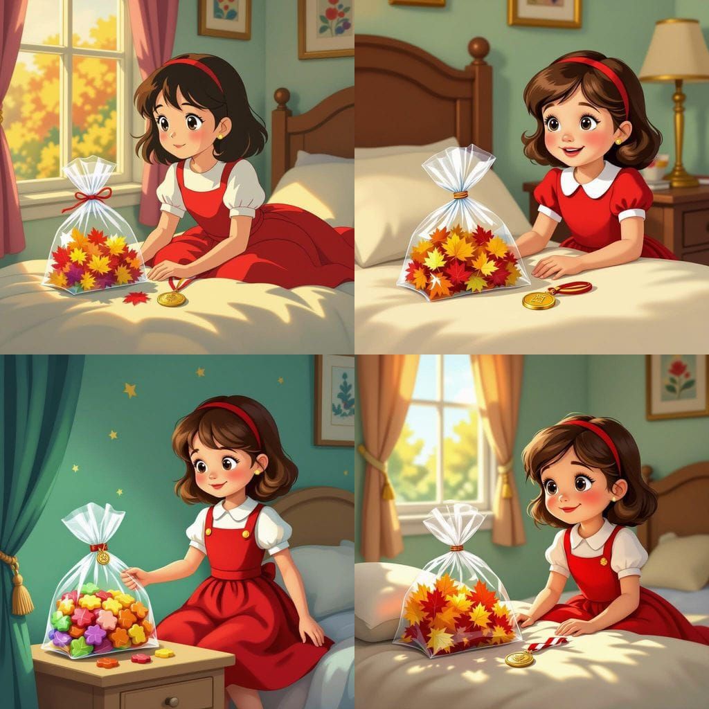 Fairy Tale Scene: Girl Finds Candy Leaves and Medal