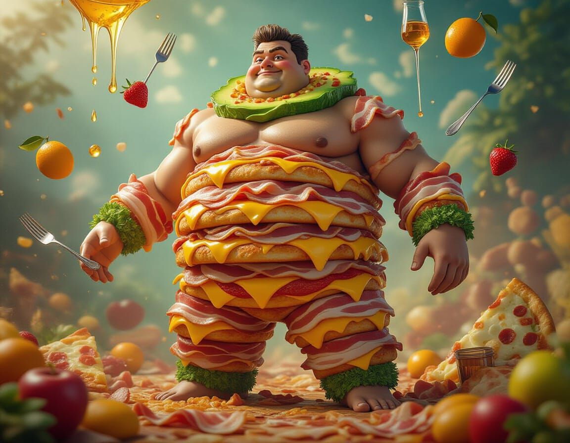 Man-Mountain of Food: Pizza, Bacon, and Cheese