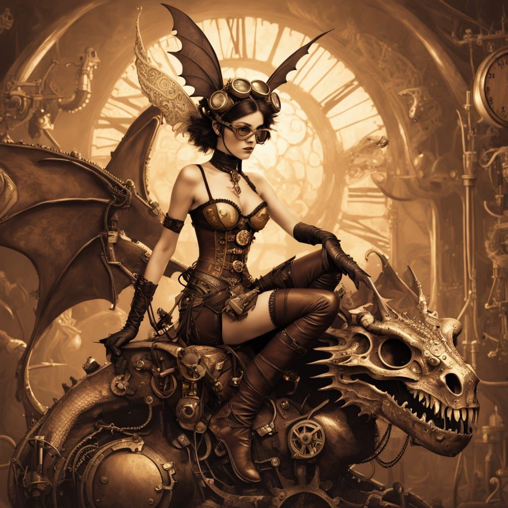 Steampunk Fairy in Gilded Dragon Skull