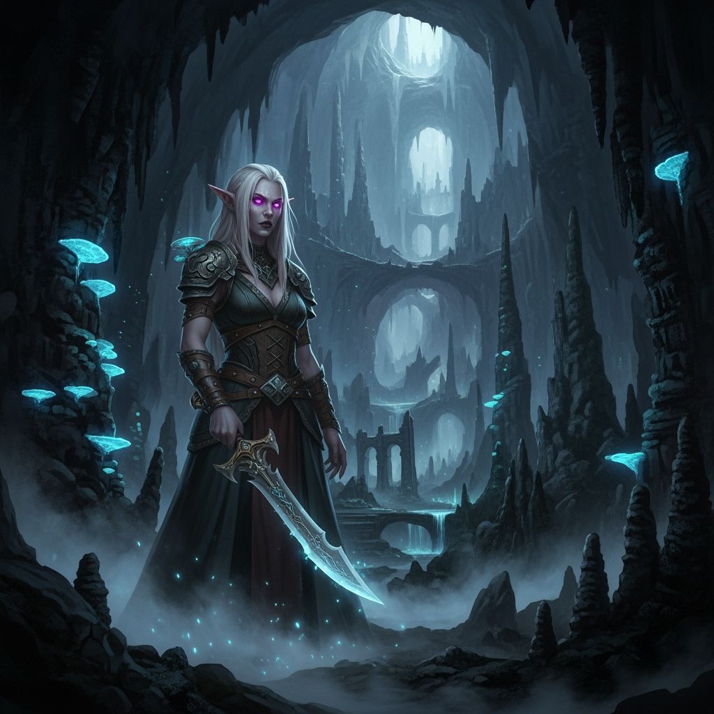 Lost Half-Orc Giantess in Bioluminescent Cavern