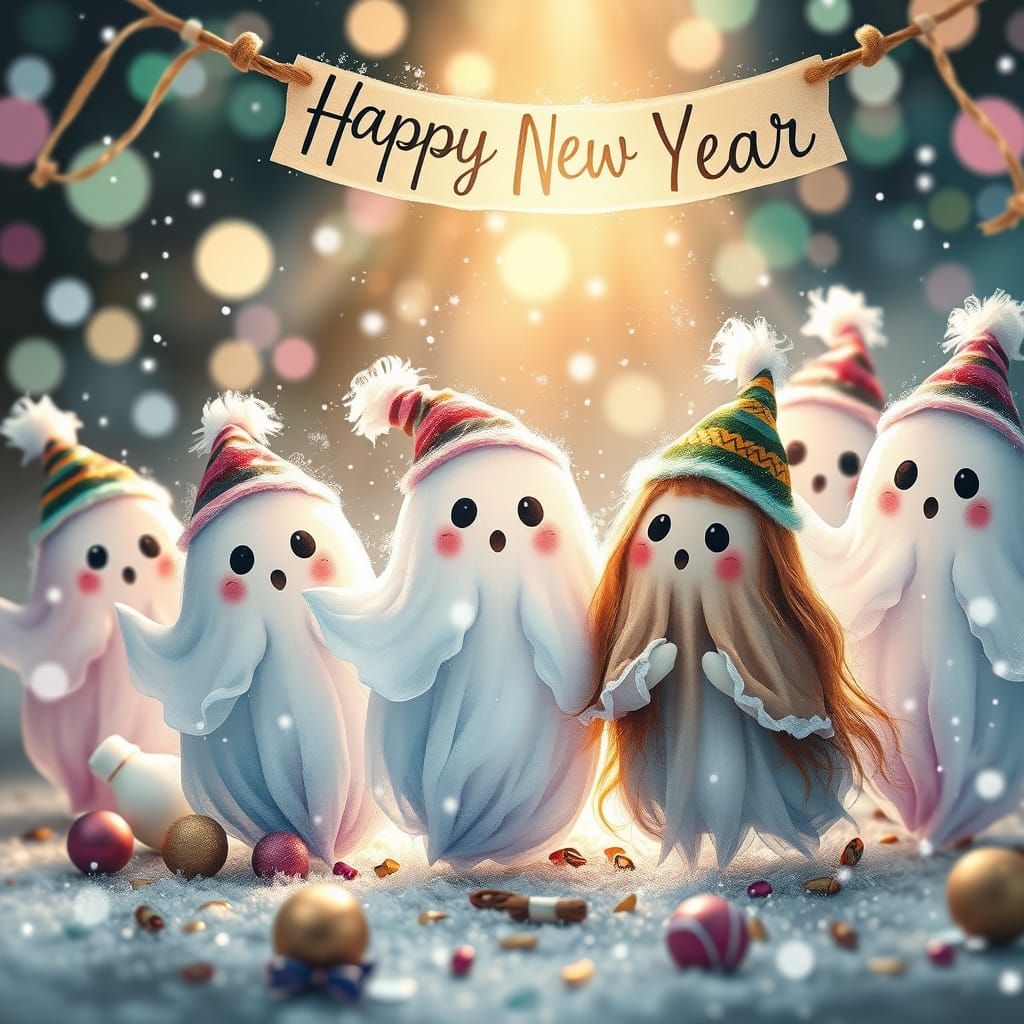 Cute Ghosts Celebrate New Year's Eve in Snowy Dreamscape