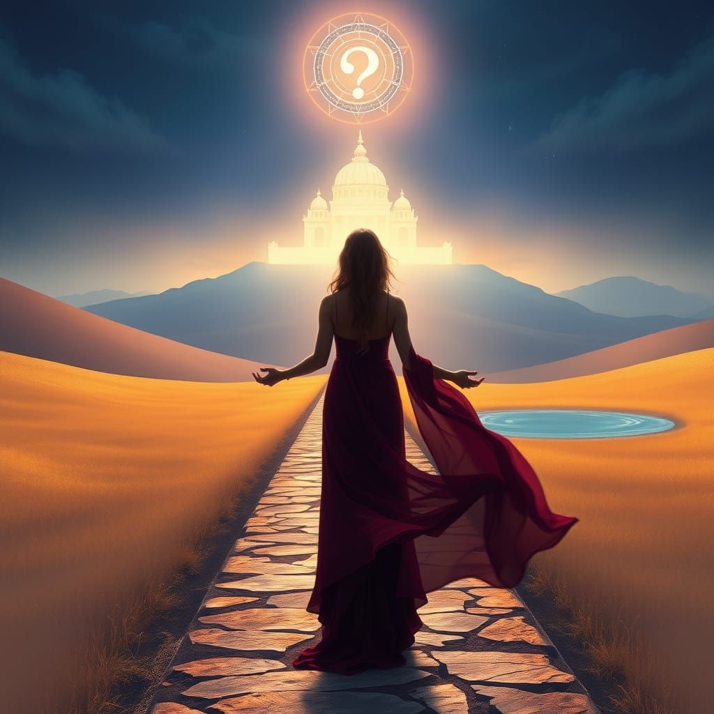 Surreal Spiritual Crossroads in Soft Gold Light