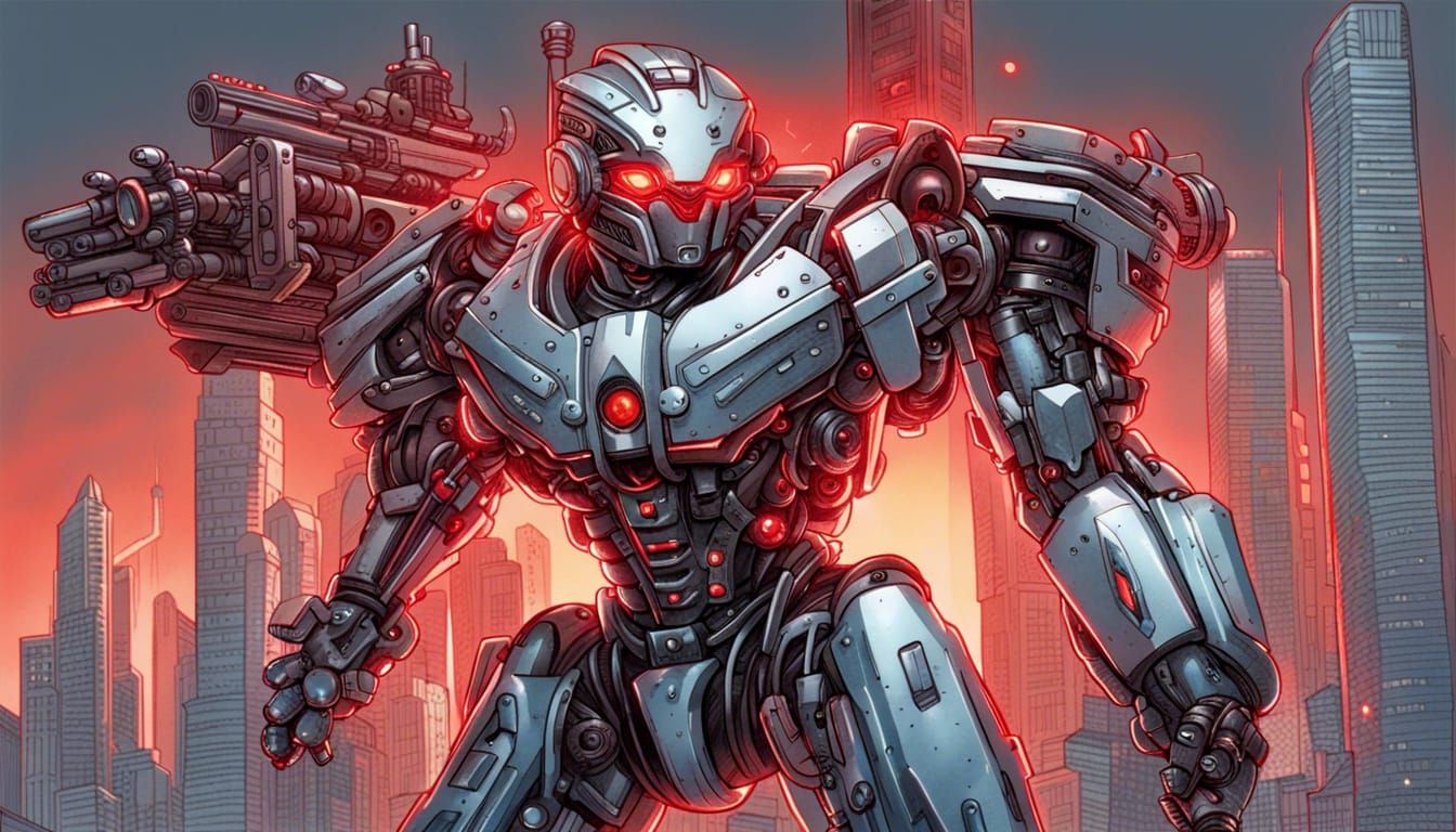 Anime Robot with Minigun Arms Comic Book Art