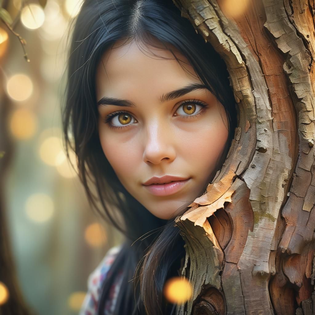 Ethereal Woman Emerges from Tree in Digital Art