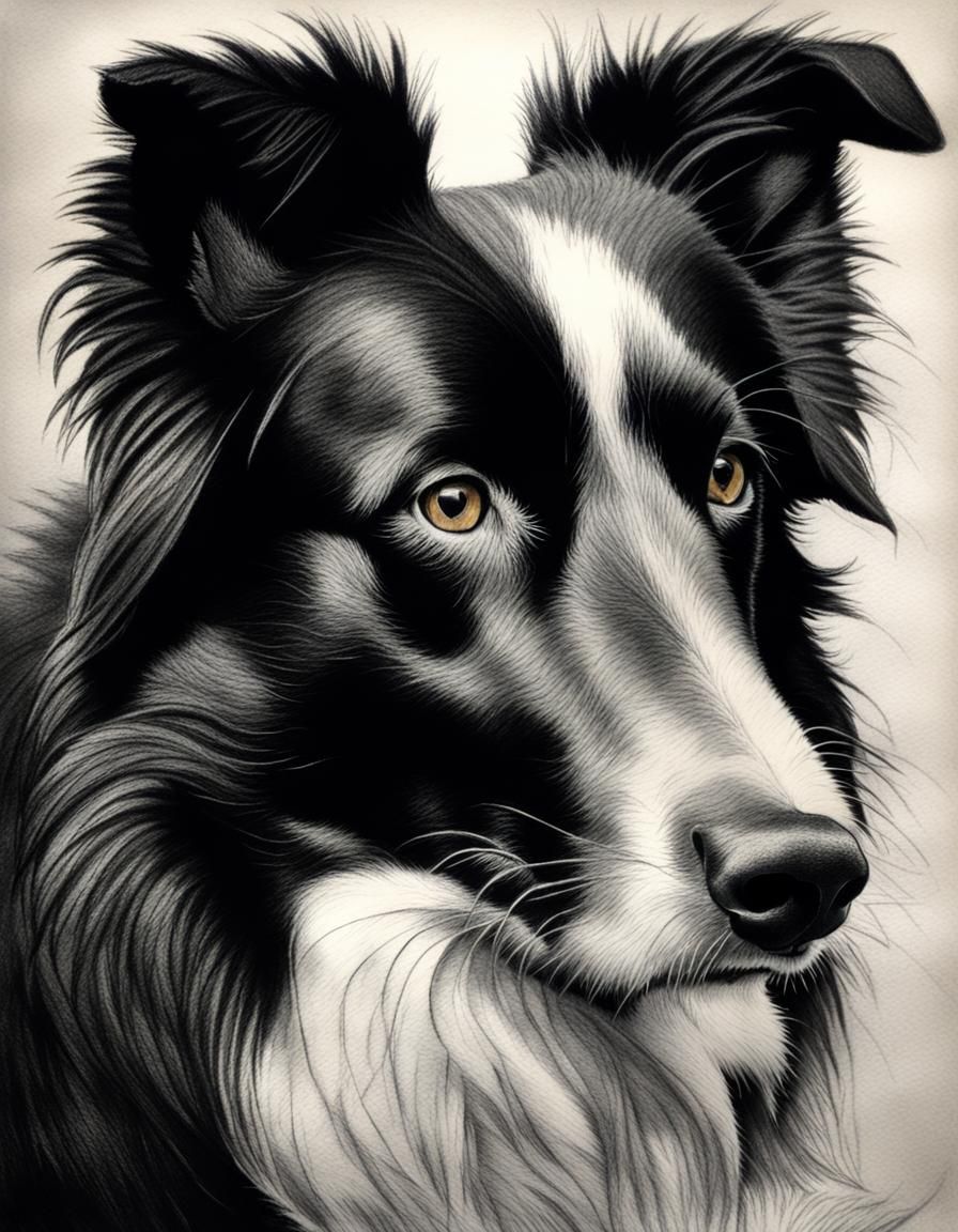 Hyper-Realistic Charcoal Portrait of Border Collie
