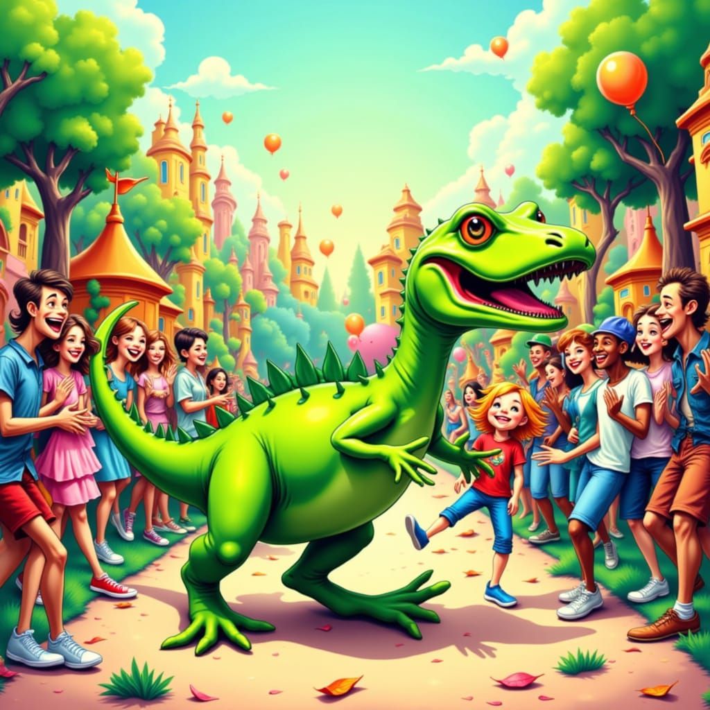 People Dancing the Walk the Dinosaur in a Cartoon Park