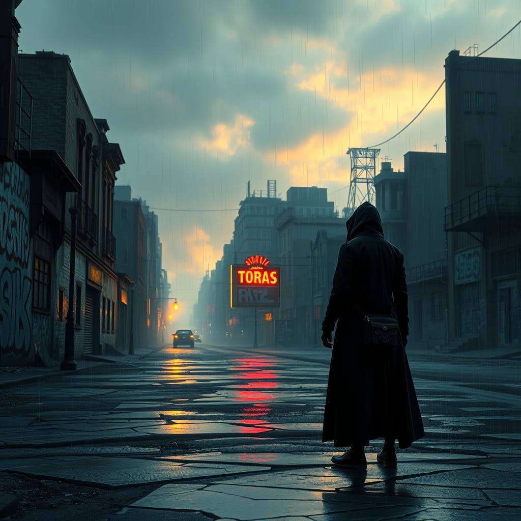 Mysterious Cloaked Figure in Grimy Cityscape at Dusk