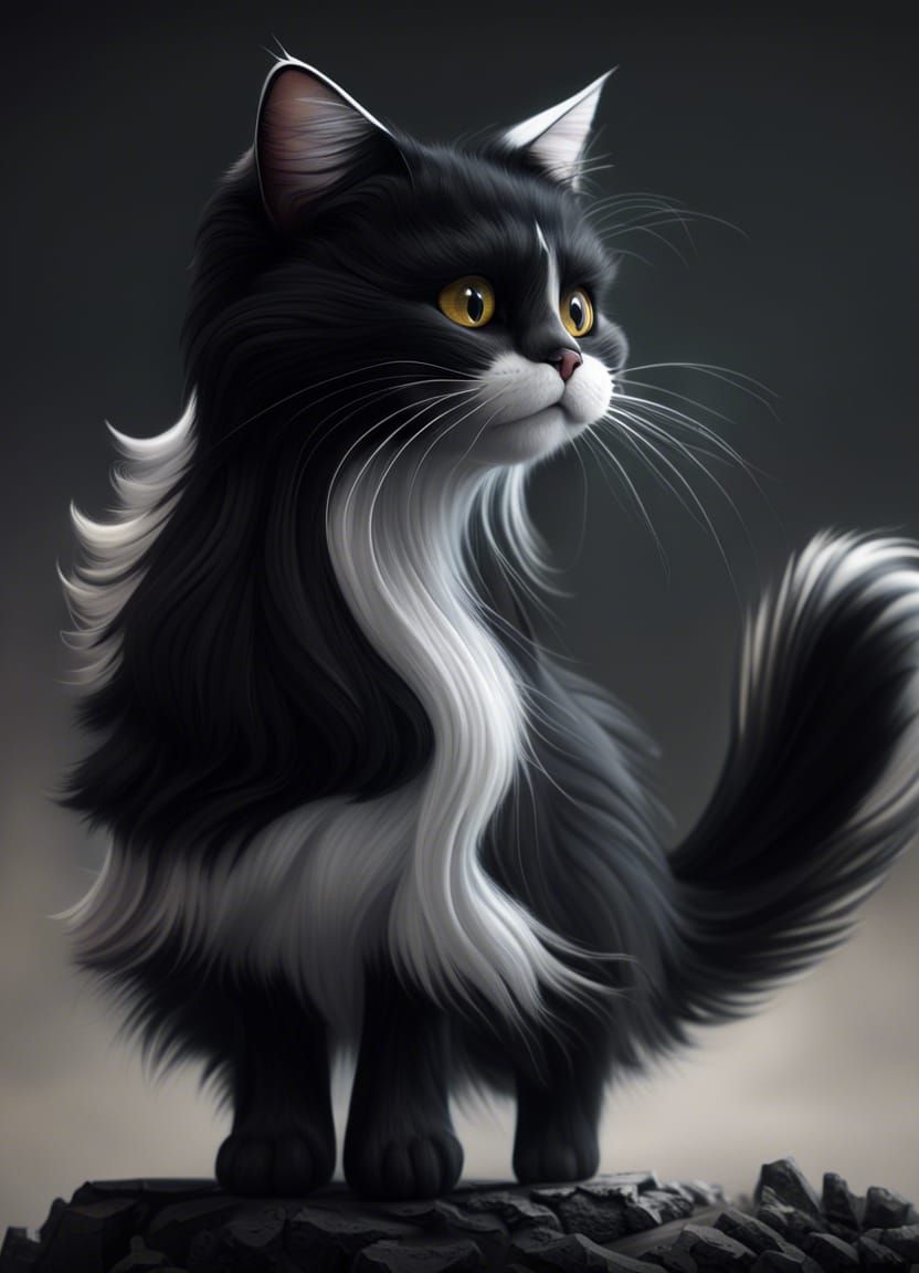 Monochrome Fluffy Cat in Detailed Matte Painting