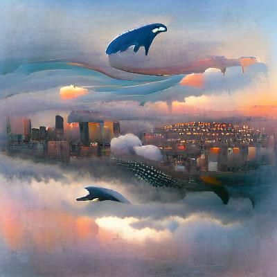 Whale Soaring Over Floating City at Dawn