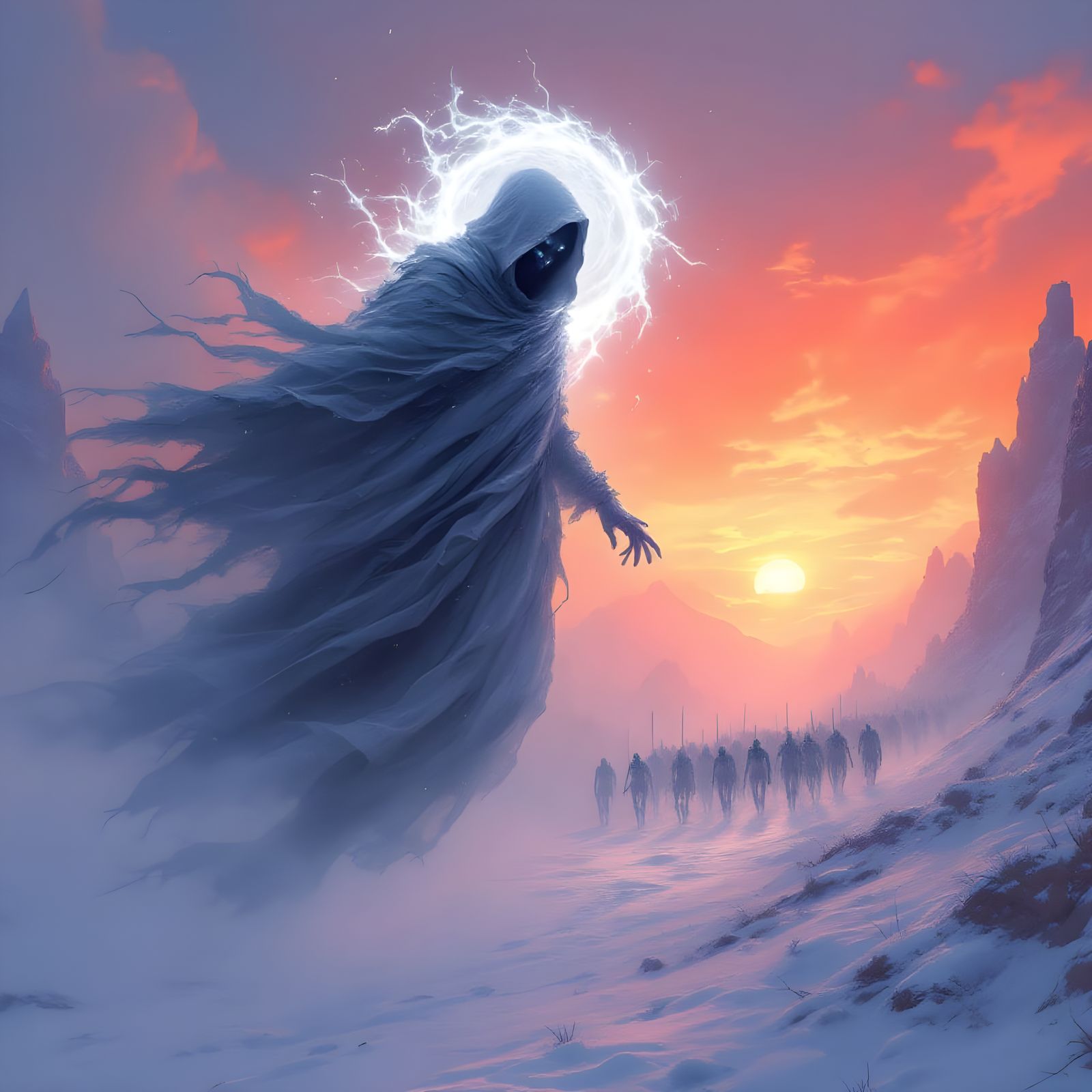 Mystic Grey Spirit Hovers Amid Snowy Sunset