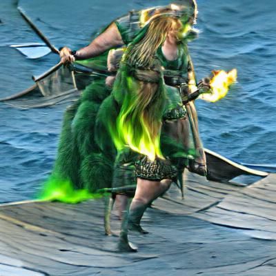 Fiery Viking Woman Engulfed in Green Flames