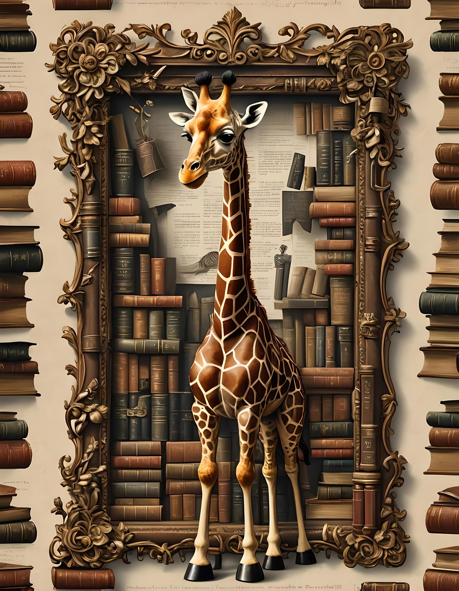 Giraffe in Book Frame: A Whimsical Scene