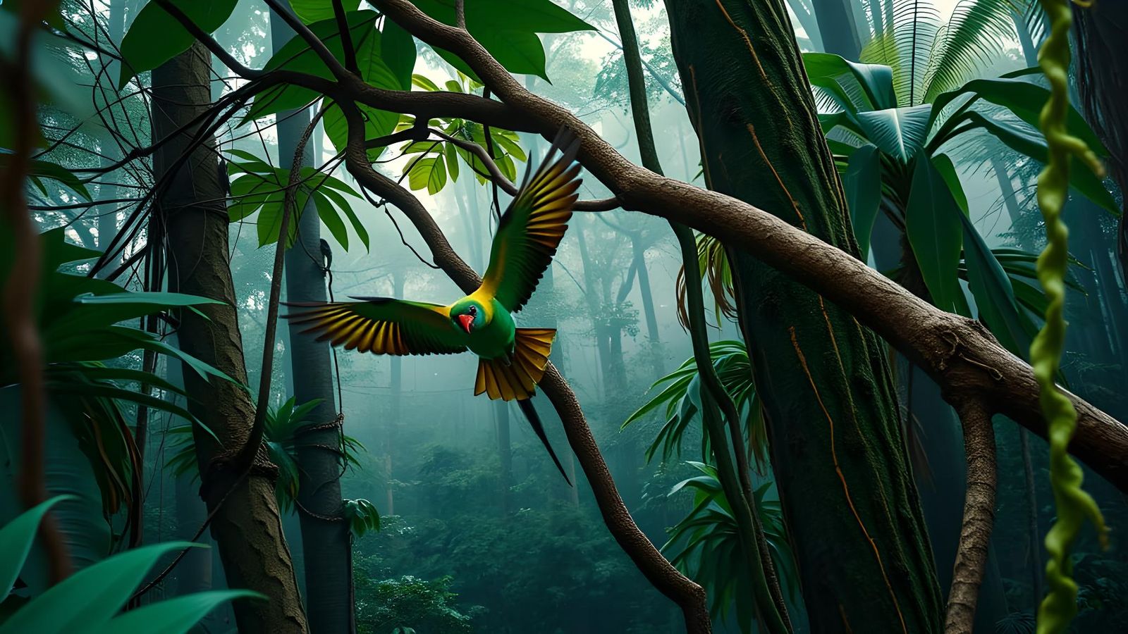 Surinam Landscape with Parakeet in Hyperrealistic Style