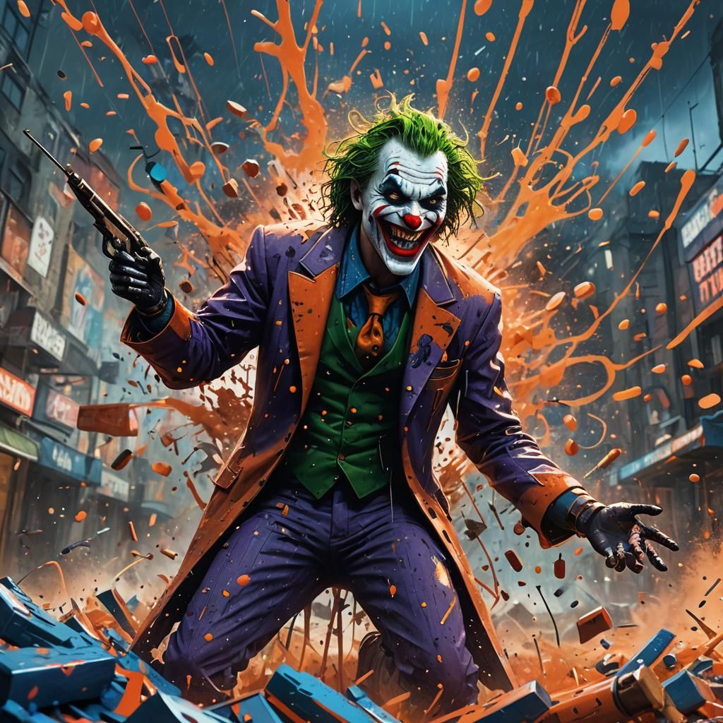 Laughing Joker in Gotham with Splash Paint Background