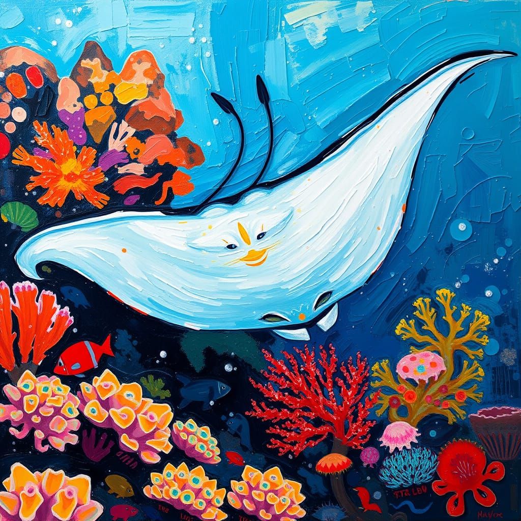 Manta Ray Painting near Coral Reef in Impasto Style