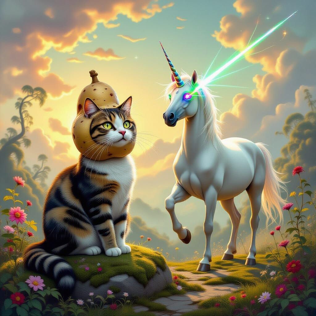 Surreal Cat with Potato Head and Laser Unicorn