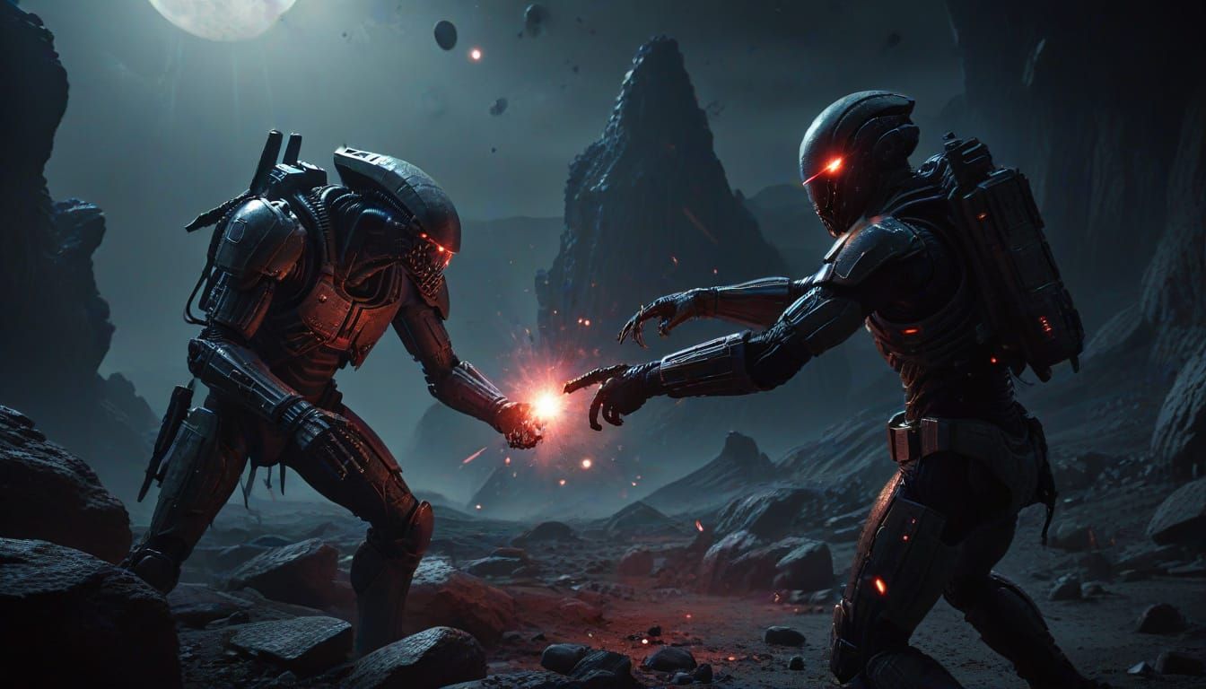 Grimy Starship Trooper Engages Alien in Brutal Moonlit Comba...