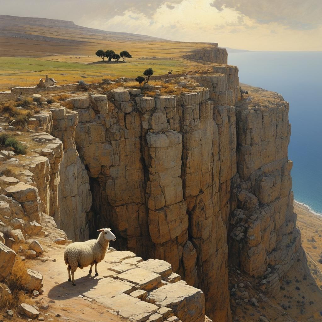 Man and Sheep on Cliff, Arthur Rackham Style