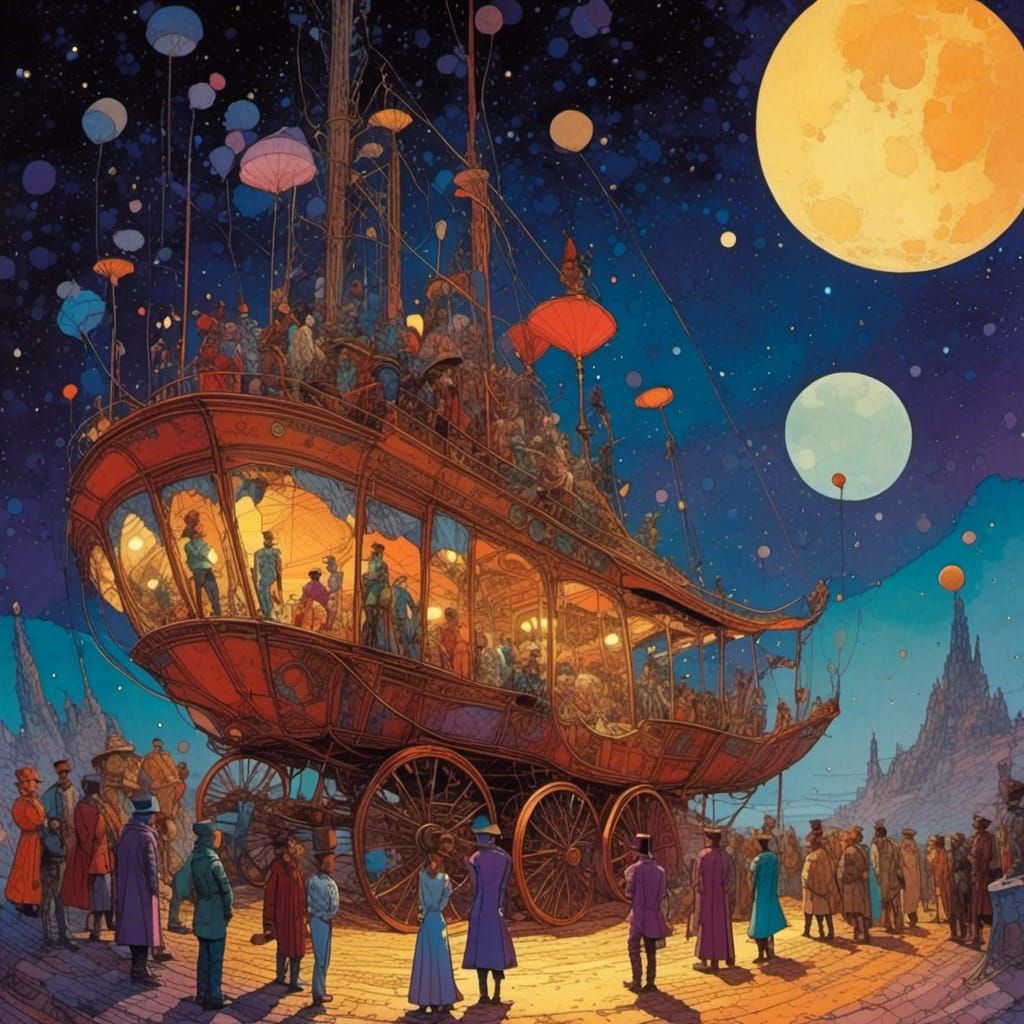 Moebius Style Surreal Circus Under Starry Night