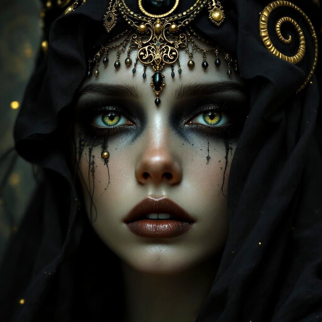 Ethereal Victorian Gothic Goddess in Rich, Ominous Gold